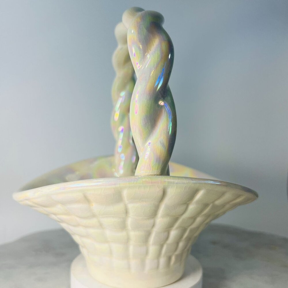 Vtg Iridescent Ceramic Basket Opalescence Twisted Handle Trinkets Flowers Crazed